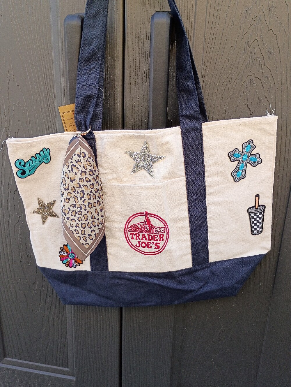 Trader Joe's Canvas Tote Bag with Custom Patch Details.